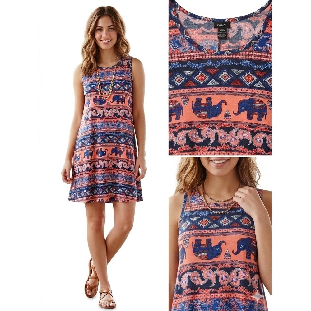 Womens Elephant Paisley Coral Pink Blue Sleeveless Boho Shift Dress Size Large